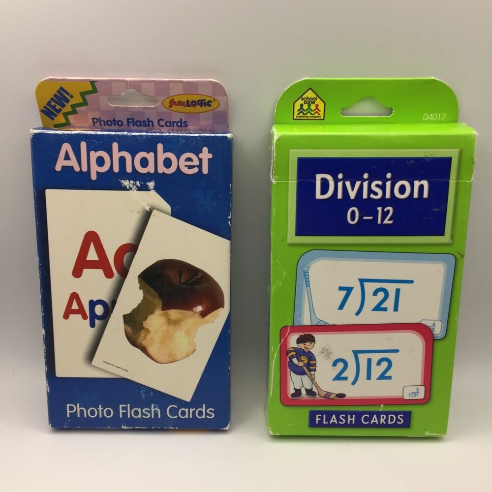 2 Packs Flash Cards School Zone Division 0-12 Fun Logic Alphabet Photo Counting